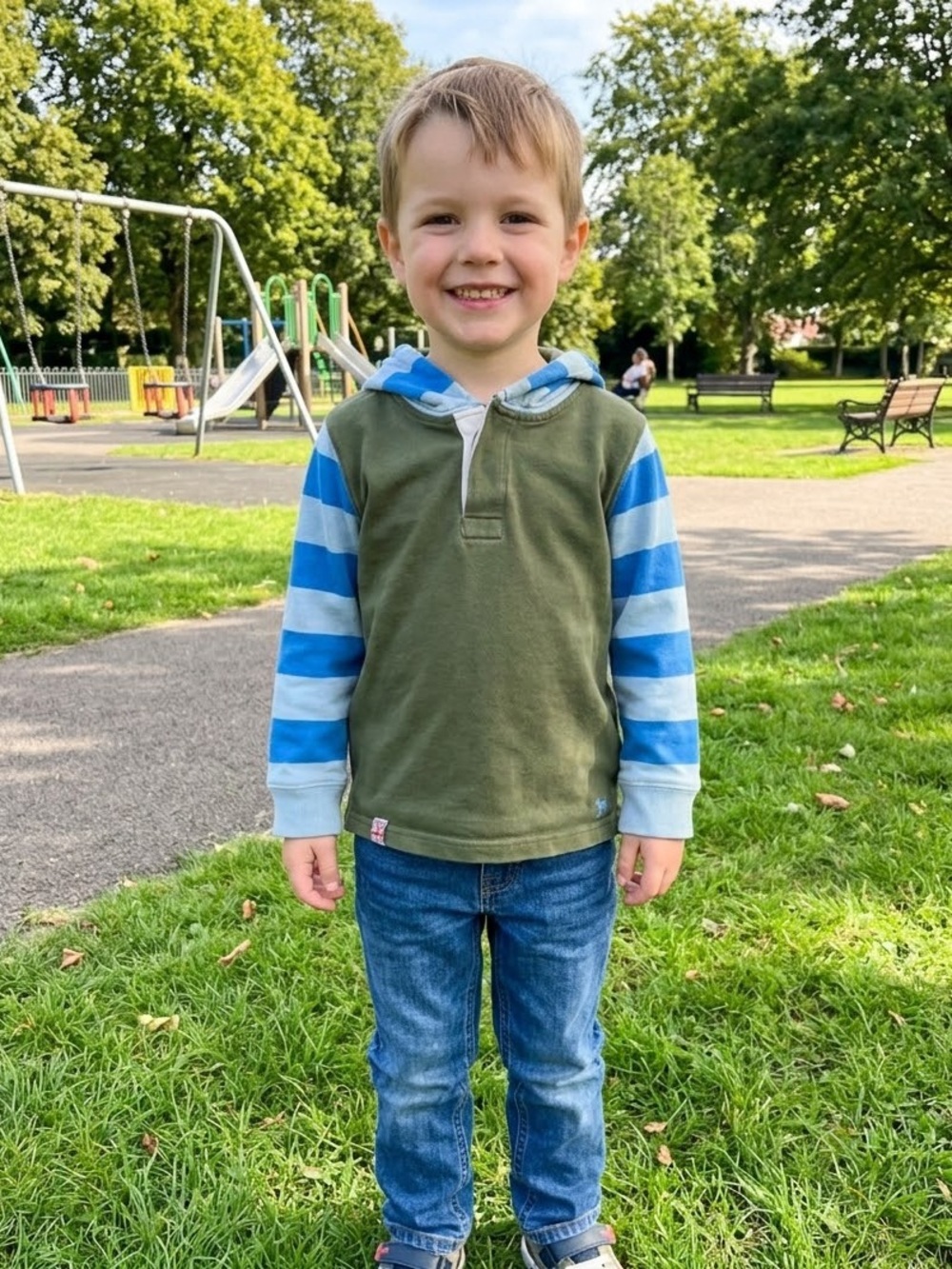Mini Boden Boys Olive Green Hoodie with Blue Striped Sleeves Size 4-5 Years